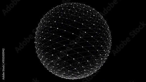 4K rotating orbital sphere animation with interconnected particles forming a dynamic 3D network globe. Minimal high-contrast futuristic technology background ideal for AI, data, blockchain and cyberse