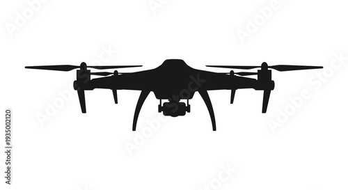 A stark black silhouette of a modern quadcopter drone with propellers capturing a technological aesthetic silhouette high quality