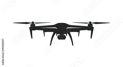 A stark black drone with outstretched rotors is centrally positioned against a white backdrop silhouette high quality professional