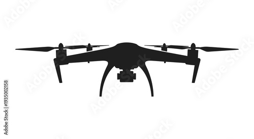A stark black silhouette of a modern quadcopter drone against a white background showcasing aerial technology silhouette
