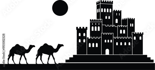 Ancient desert fortress silhouette with camels walking under a full moon for middle eastern travel history and heritage concept isolated on white background vector illustration..eps