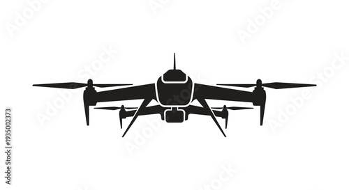 A stark black silhouette of a modern quadcopter drone with extended propellers showcasing aerial technology silhouette high quality
