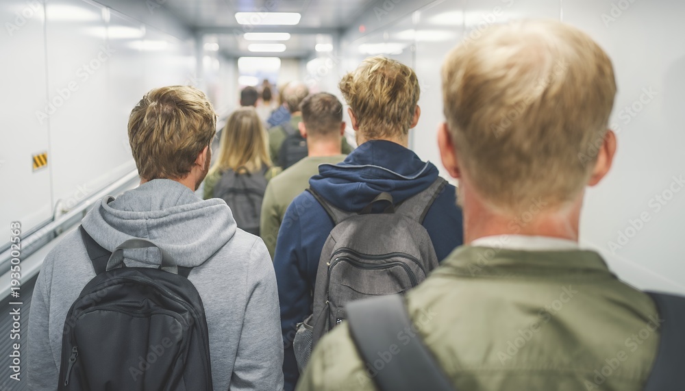 Fototapeta premium Back view of male tech consultants with backpacks walking through airport jet bridge to board a flight, concept for business travel, corporate relocation and global networking