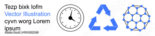 Time management, sustainability, recycling, environmental science, molecular structures, education. Black clock, blue recycling icon molecular structure. Time management and sustainability concepts