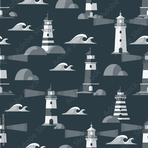 Seamless Pattern of Lighthouse Silhouettes on a Dark Blue Background