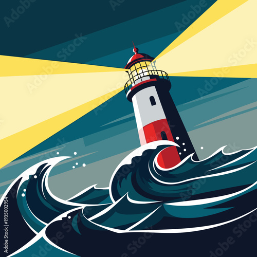 Dynamic Graphic Illustration of a Lighthouse Surmounting Raging Blue Waves