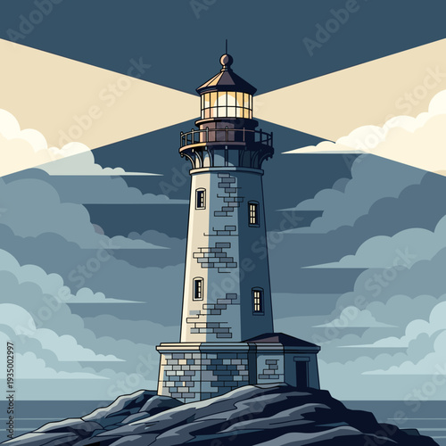 Atmospheric Illustration of a Stone Lighthouse Guarding a Dark Shore