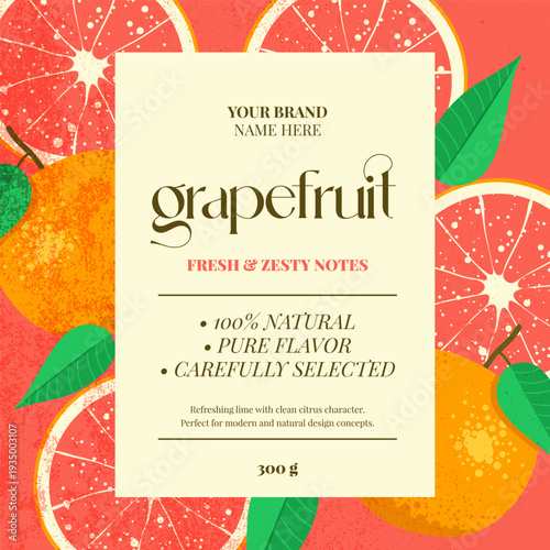 Grapefruit label design with citrus, slices, leaves. Vibrant red coral colors template for fresh look, juice labels, beverage packaging, food products, branding design. Vector illustration
