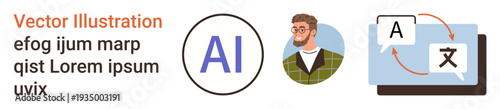 Technology, AI, translation services, digital tools, online learning, user interface concepts. Visual elements include an AI symbol, a person and a translation icon. Technology and AI concepts