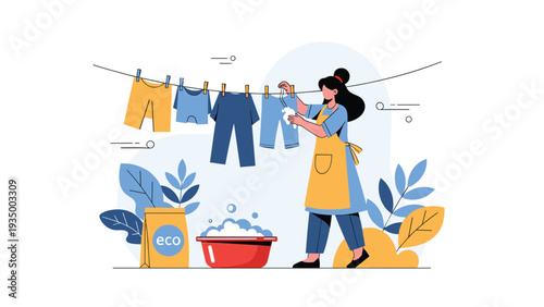Woman wearing an apron hanging various clothes to dry on an outdoor laundry line next to an eco-friendly detergent bag.
