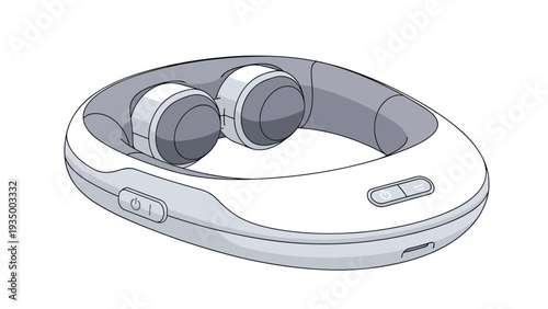 Modern electronic neck massager device in grey and white colors designed for relaxation and muscle pain relief at home.