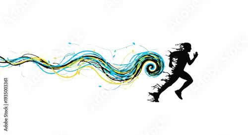 Dynamic silhouette of a runner with colorful abstract trails flowing behind, symbolizing speed and energy