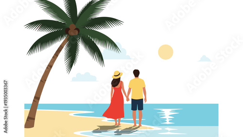 Romantic couple holding hands while standing on a sandy beach under a palm tree watching the ocean during a sunny day.