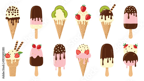 Large collection of different ice cream treats including chocolate dipped cones, fruit popsicles, and multi-flavored scoops.