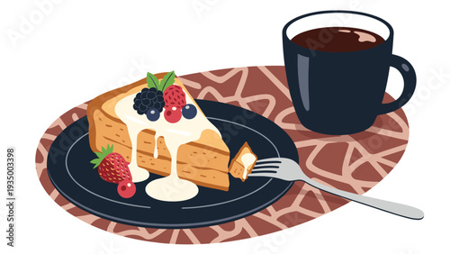 Slice of delicious cheesecake topped with white cream and fresh berries served on a plate next to a hot cup of black coffee.