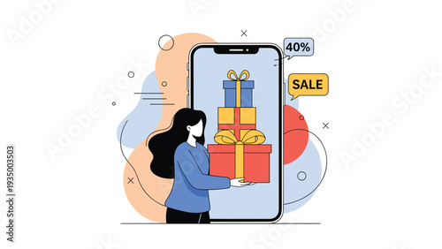Woman holding a tall stack of gift boxes next to a large smartphone showing a sale notification and discount bubble.