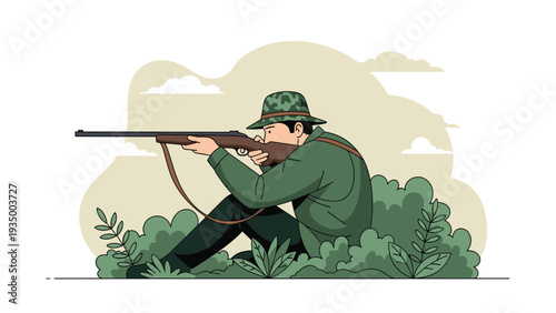 Hunter wearing a camouflage hat and green jacket sitting in the bushes while aiming a long rifle at a target.