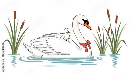 Beautiful white mother swan wearing a red bow swimming in a pond with a small baby cygnet resting on her back.