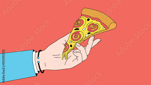Stylish hand wearing a black bracelet holding a slice of pepperoni pizza with swirling sauce against a red background.