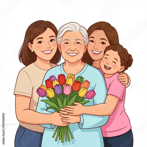 Joyful family moment with a bouquet of colorful tulips
