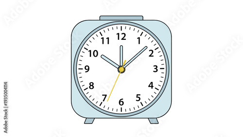 Classic light blue alarm clock with a white face and black numerals displaying the time on a plain white background.