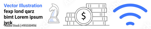 Business strategy, financial planning, digital connectivity, remote work, innovation, wealth management. Chess knight, stacked coins with a dollar sign wireless signal icon. Financial planning