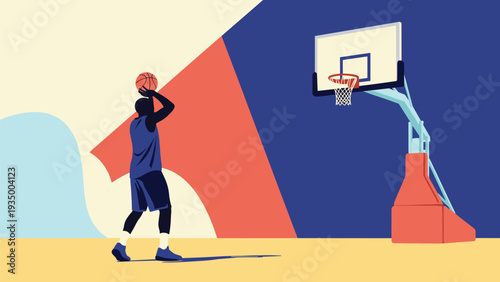Basketball player in silhouette aiming for a shot at the hoop against a vibrant abstract geometric background.