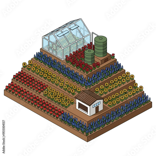 3D illustration of a terraced farm with greenhouse and water tanks.
