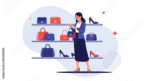 Fashionable woman browsing a store shelf filled with various colorful handbags and high-heeled shoes for sale.
