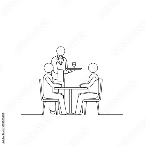 Waiter serving drink to two customers at table in restaurant setting  for hospitality and service industry use
