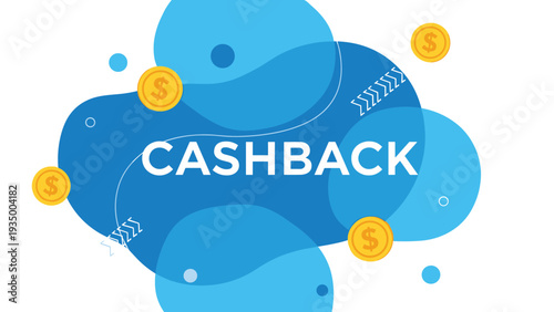 Creative cashback advertisement featuring gold coins and abstract blue liquid shapes with modern graphic design elements.