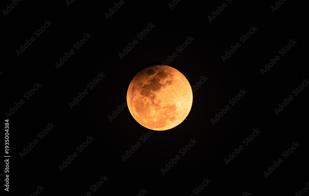 Fototapeta premium The Worm Moon total lunar eclipse, the last full moon of winter, the Moon moves from right to left as it passes through Earth's shadow. The Moon was taking on a coppery red hue, known as 