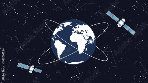 Planet Earth displayed with multiple orbiting satellites and communication networks against a dark starry constellation sky.