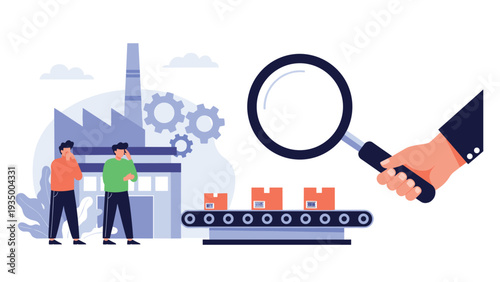 Giant hand holding a magnifying glass to inspect packages on a factory conveyor belt representing quality control.
