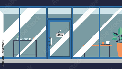 Modern storefront window with an open sign on a glass door showcasing an interior with a table plants and dishes.