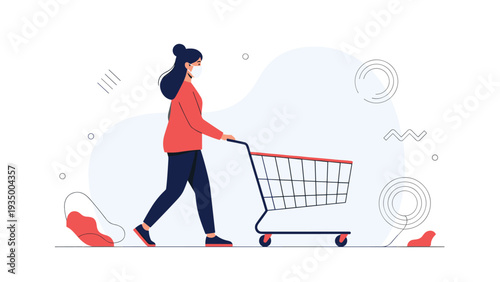 Responsible woman wearing a face mask while pushing an empty metal shopping cart through a grocery store or supermarket.
