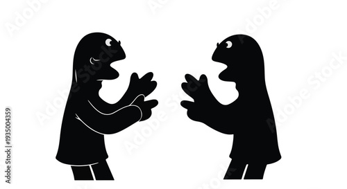 Two abstract figures in silhouette engaged in animated conversation, their hands raised in expression.
