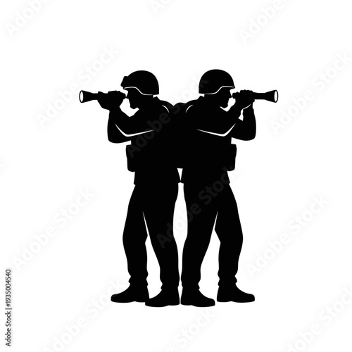 Soldiers standing back to back with guns ready for action gaming 