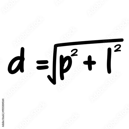Handwritten Pythagorean distance formula d equals square root of p squared plus l squared isolated background.