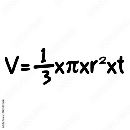 Handwritten cone volume formula V equals one third pi r squared times t isolated background.