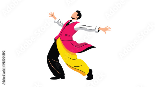 Energetic male dancer in a vibrant pink vest and yellow pants performs a dramatic pose with his arms outstretched and head tilted back.