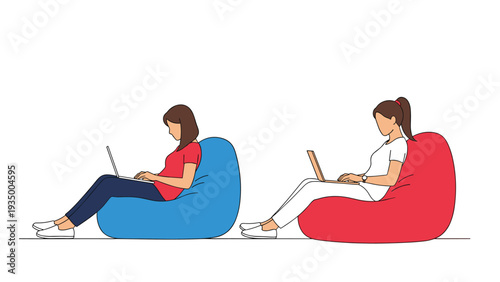 Comparison of sitting postures shows two women using laptops on bean bag chairs highlighting different back alignment and comfort levels.