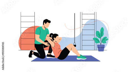 Personal trainer in a green shirt helps a woman perform abdominal crunches on a mat in a bright gym with exercise equipment.