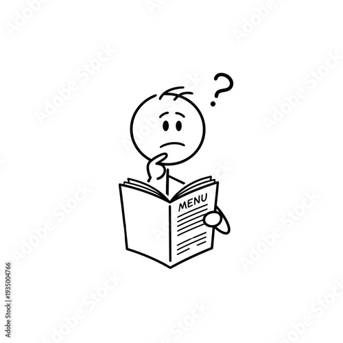 Thoughtful person studying menu, ideal for restaurant advertising or food blog illustrations