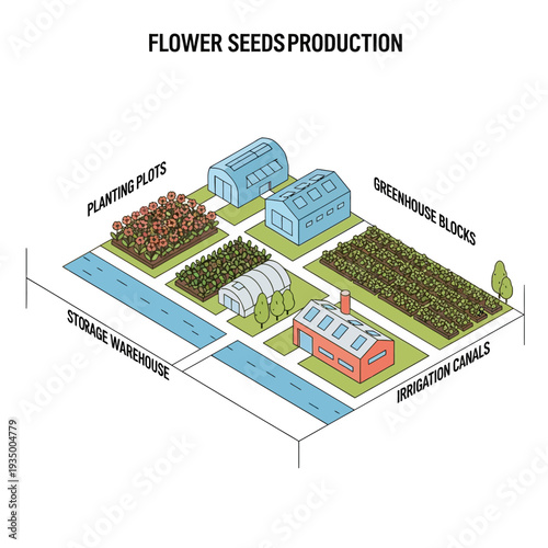 Flower seeds production facility with various infrastructure components.