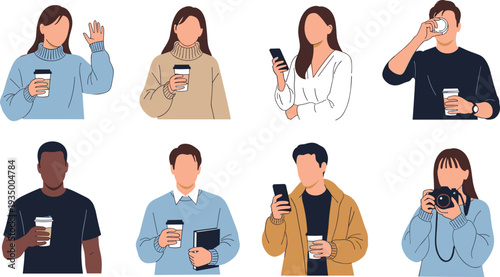 Collection of diverse young people with coffee smartphones and camera in casual autumn outfits