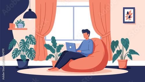 Man sits comfortably in a large bean bag chair working on his laptop in a stylish living room filled with lush green indoor plants.
