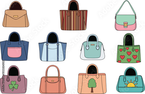 Collection of stylish women handbags and decorative tote bags with various prints