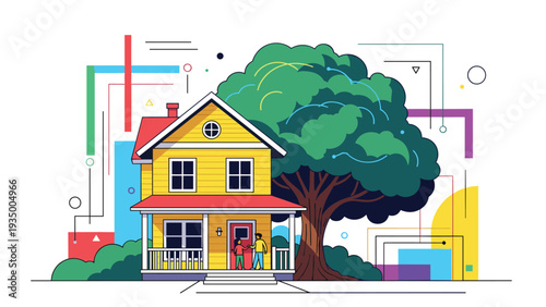 Bright yellow two-story house with a red roof stands beside a massive green tree against a background of abstract shapes.