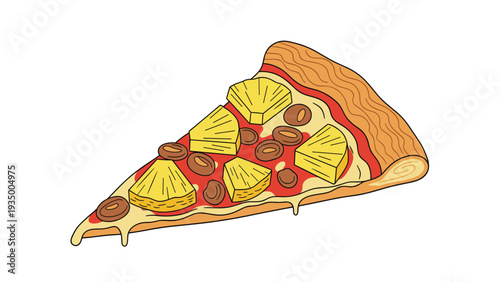 Slice of delicious pizza is topped with large chunks of pineapple and brown olives on a golden crust with melting cheese.